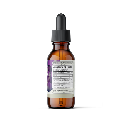 A brown glass dropper bottle with a black cap, labeled as Medterra's Enhanced Relief Broad Spectrum CBD Oil dietary supplement. The front label displays "Supplement Facts" and dosage instructions. The background shows a hint of a purple design, suggesting the potential benefits of the hemp plant's entourage effect. The bottle is on a neutral gray surface.