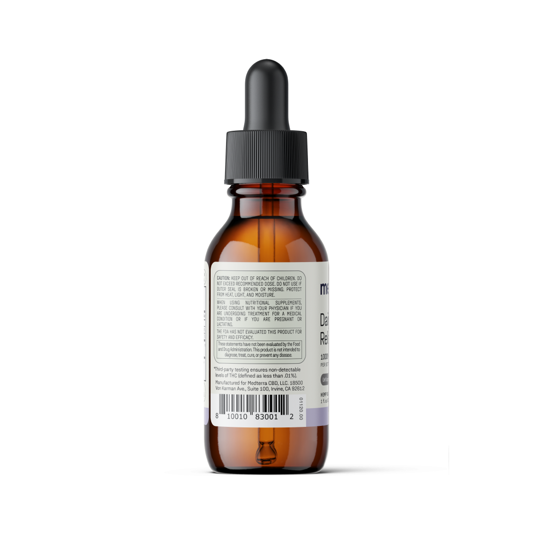 A brown glass dropper bottle with a black cap and pipette, perfect for Daily Relief CBD Isolate Oil by Medterra. The bottle features a white label with text, ingredients, and barcode. Seen from the back, the dropper inside reveals some of the liquid contents. The background is white.