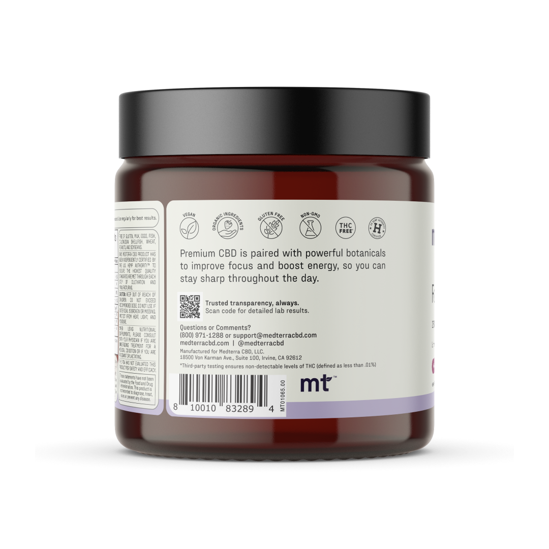 A brown jar with a black lid. The label displays various product details, including icons and text. The text reads, "Medterra's Focus CBD Gummies combine premium CBD with powerful botanicals to improve focus and boost cognitive enhancement, so you can stay sharp throughout the day." Contact information is also listed.