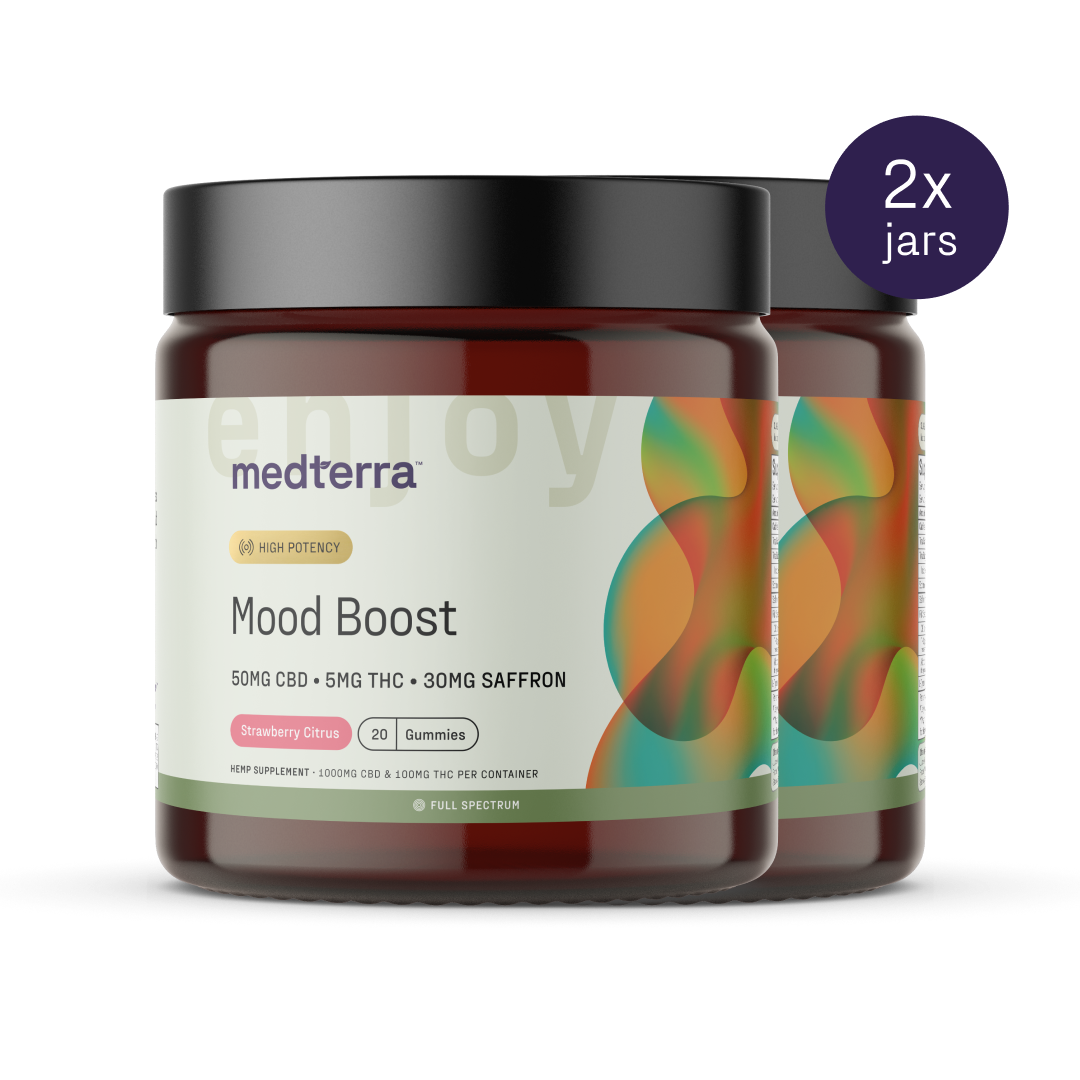 The image showcases two jars of Medterra's Mood Boost CBD Gummies, highlighting high potency with 50mg of CBD, 5mg of THC, and 30mg of saffron per serving in a delightful strawberry citrus flavor. The top-right label indicates "2x jars.
